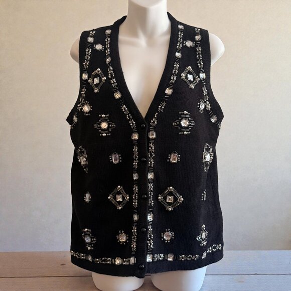 SML Sport Sweaters - Vintage 90s Beaded Black Sweater Vest | Rhinestone Embellished | Sz M